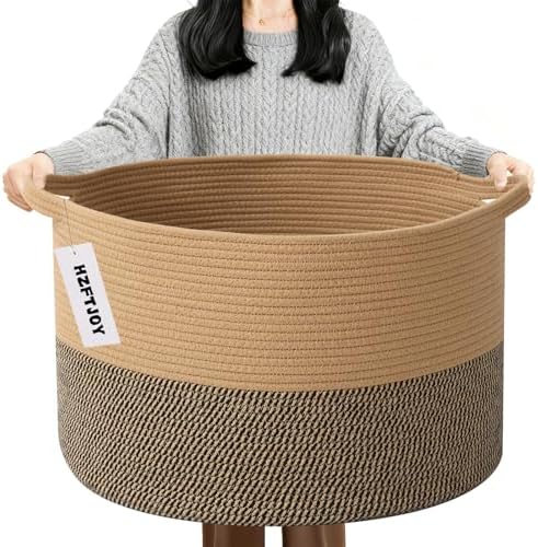 90L Extra Large Blanket Basket, Woven Rope Laundry Basket-Jute&Black by HZFTJOY