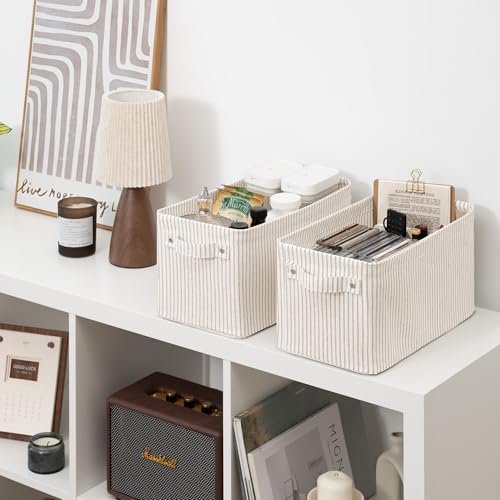 StorageWorks Narrow Storage Bins, Khaki and Beige Stripes - Image 2