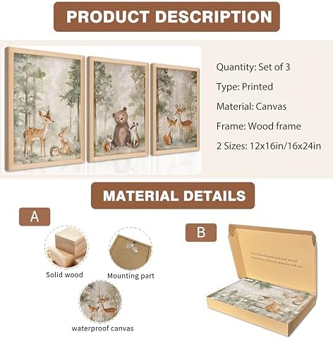 Framed Woodland Wall Art Set of 3, Wild Animals Nursery Wall Decor, Cute Bear - Image 5