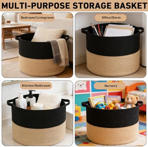 90L Extra Large Blanket Basket, Woven Laundry Basket-Black&Camel - Image 6