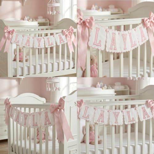 Custom Embroidered Baby Banner, Personalized Baby Name Banner, Scallopped Bow - Image 4