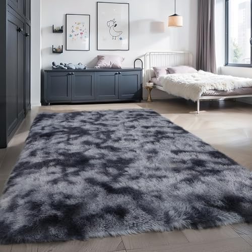 5x7 Tie-dye Dark Grey Shag Rug for Bedroom, Soft Plush Fluffy Carpet - Image 6