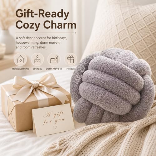Petrella Light Gray Knot Pillow Ball, 11 Inch Round Decorative Throw Pillow - Image 6