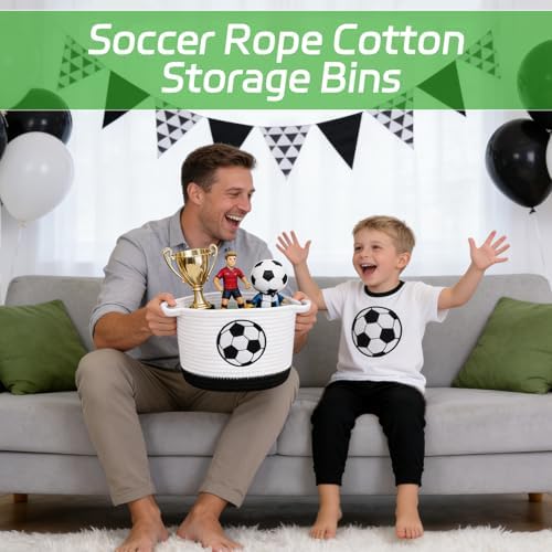 Soccer Woven Basket- Small Cotton Rope Gift Basket Embroidered Football - Image 4