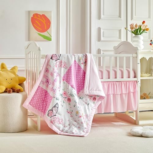 Patchwork Crib Bedding Set Butterfly Plaid Floral Design 3 Pieces Baby Girl - Image 3