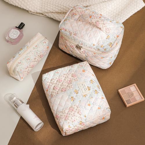 uekeboag 2Pcs Quilted Cotton Makeup Bag, Cosmetic Bag - Image 3