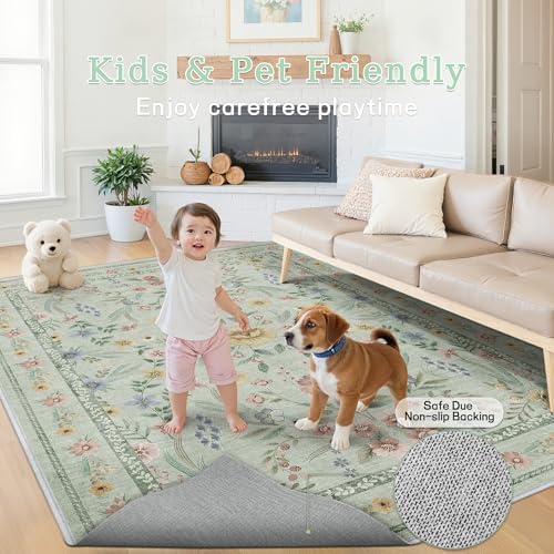Green Floral Washable Area Rug 8x10 – Large Vintage Boho Non-Slip Carpet - Image 6