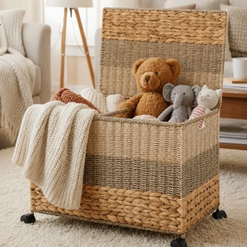 Cinnvoice 27 Gallon Rolling Wicker Storage Basket, Toy Chest by QinYee