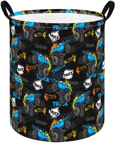 Boys Storage Basket Kids Hamper, 15.7"D x19.7"H, Monster Truck Print Waterproof by VAIVUSTO
