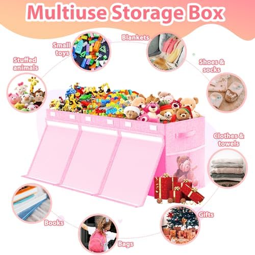 Large Toy Storage Box with Lid & Dividers, Collapsible Kids Toy Chest - Image 4