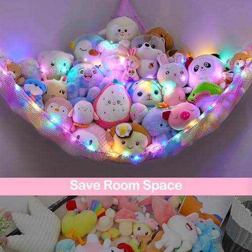 Stuffed Animals Hammock with LED Light Toy Net Room Decor Corner Storage - Image 3