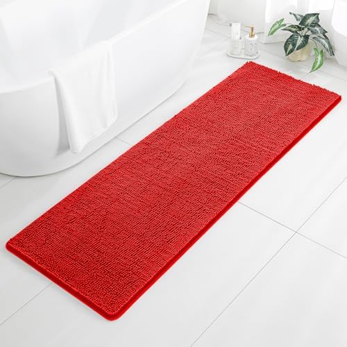 Chenille Bathroom Runner Rug 24"x72" Red, Plush Bath Mat by Kildoss