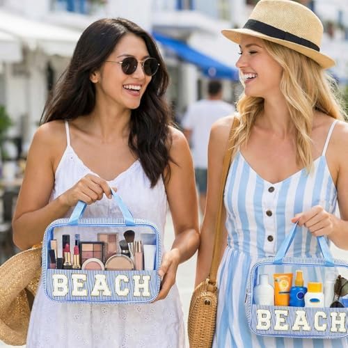 Sanwuta Seersucker Beach Bag Chenille Letter Clear Sunscreen Makeup Bag - Image 6