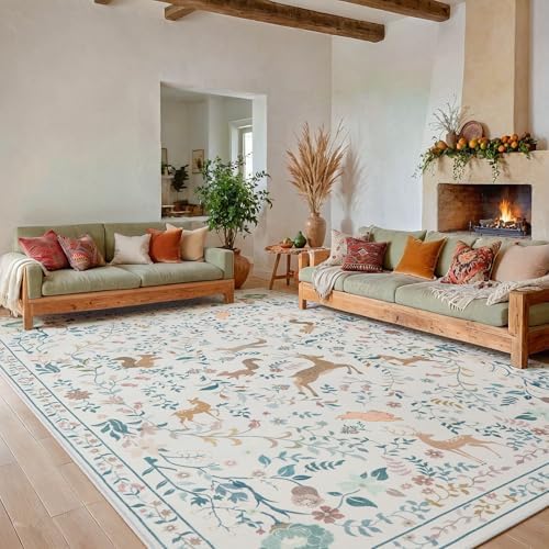 8x10 Area Rugs Boho Floral Washable Living Room Rug Neutral Carpet Bedroom - Image 3