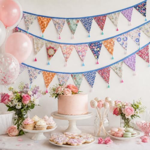 G2PLUS 10.8Ft Cotton Triangle Bunting Banner – 12pcs Multicolor Floral Fabric - Image 6