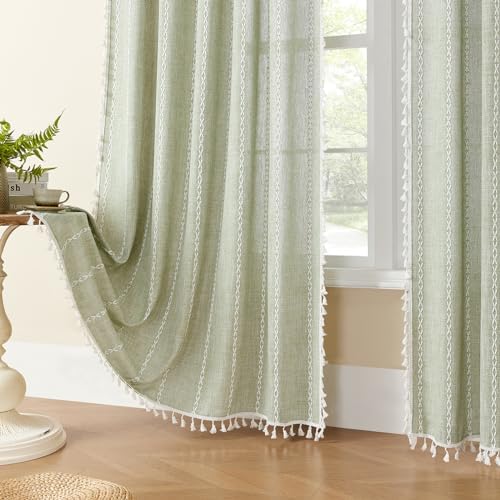 MitoVilla Sage Green Boho Linen Bedroom Curtains 84 Inch Length 2 Panels Set - Image 2