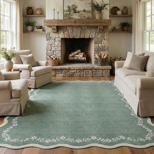 GarveeHome Scalloped Area Rugs 8x10 Large Sage Green Washable Living Room by GarveeHome
