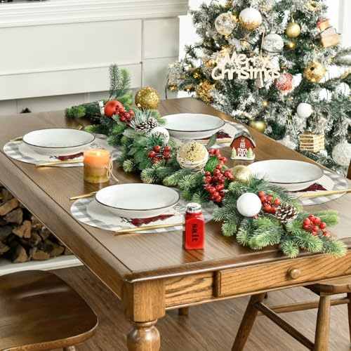 Artoid Mode Watercolor Grey Buffalo Plaid Christmas Trees Round Placemats Set - Image 5