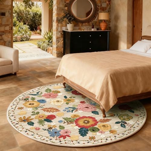 4ft Washable Round Rugs for Bedroom: Circle Living Room Rug Floral Vintage Non - Image 6