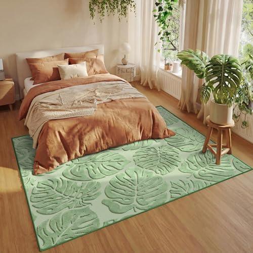 Sage Green Monstera 8x10 Area Rugs High-Low Plush Pile Washable - Image 2
