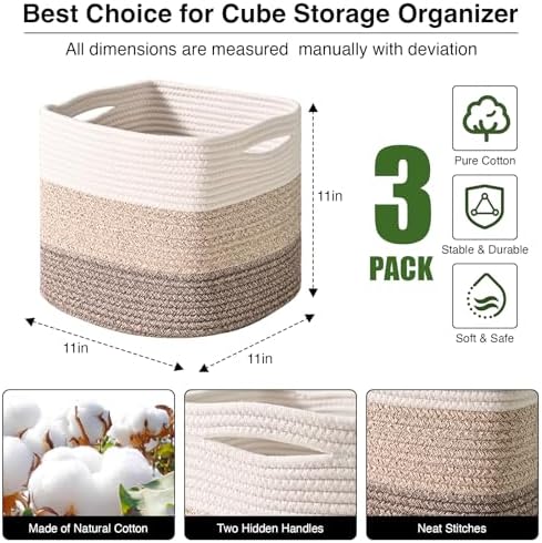 ICERZCZ 11 Inch Cube Storage Bins, Storage Cube Organizer Bins, Woven Cotton - Image 2