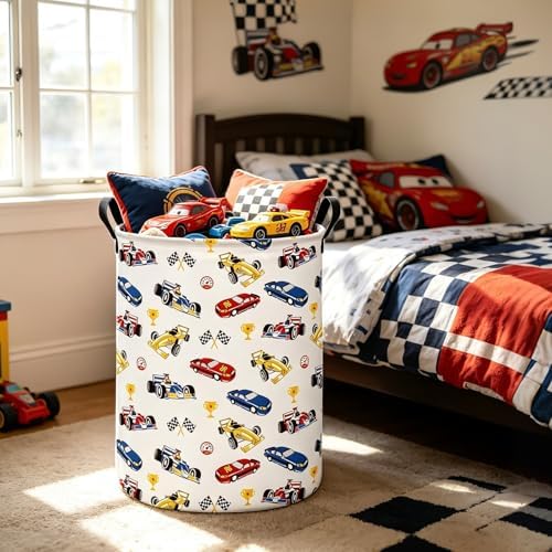 QUEENLALA Foldable Waterproof Round Fabric Laundry Basket Home, Race Car - Image 5