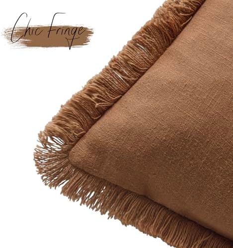Foindtower Decorative Linen Fringe Throw Pillow Covers 16×16 Orange Brown - Image 3