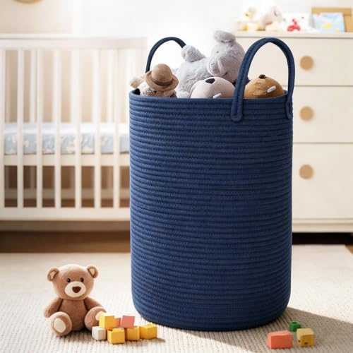 MEGASKET Large Blue Laundry Basket, 80L Tall Blanket Basket Living Room - Image 5