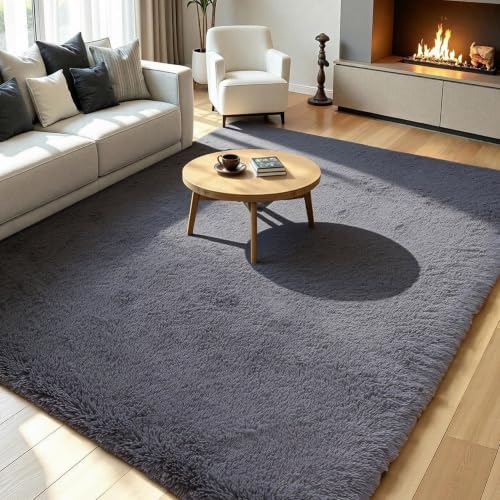 Grey Fluffy Large Area Rug 8x10, Soft Washable Shag Carpet - Image 3