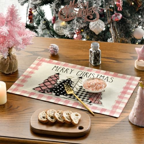 Artoid Mode Waterclor Pink Buffalo Plaid Christmas Trees Placemats Set of 4 - Image 3