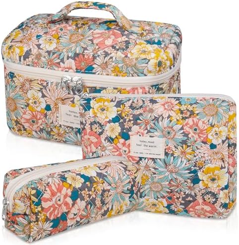 Gosect Makeup Bag Set, Quilted Makeup Bag, Large Floral Cosmetic Bag by Gosect