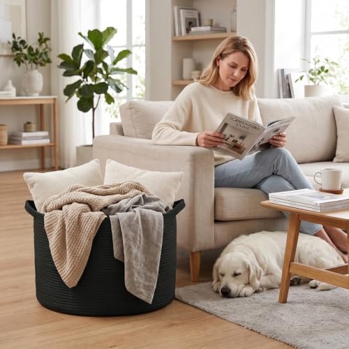 115L Extra Large Blanket Basket, Woven Rope Laundry Basket-Black - Image 4