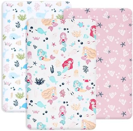 PHF 3 Pack Soft Mini Crib Sheets, Mermaid Silky Pack N Play Sheets by PHF