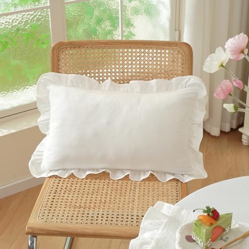 Set of 2 White Ruffled Lumbar Pillow Covers 12x20 Inch, Solid Color Rectangular - Image 2