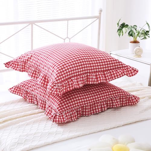 2 Pack Red White Gingham Ruffle Throw Pillow Covers 22''x22'' - Image 3