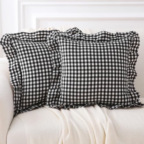 2 Pack Black White Gingham Ruffle Throw Pillow Covers 18''x18'' by KMASANIJI