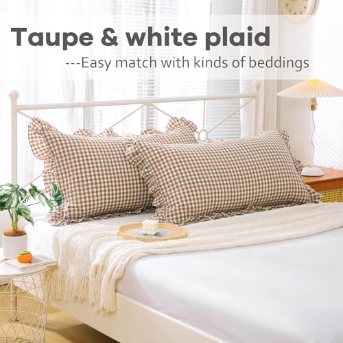 2 Pack Taupe White Gingham Ruffle Standard Pillow Shams 20"x26" - Image 2