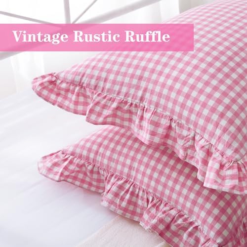2 Pack Pink White Gingham Ruffle Standard Pillow Shams 20"x26" - Image 5