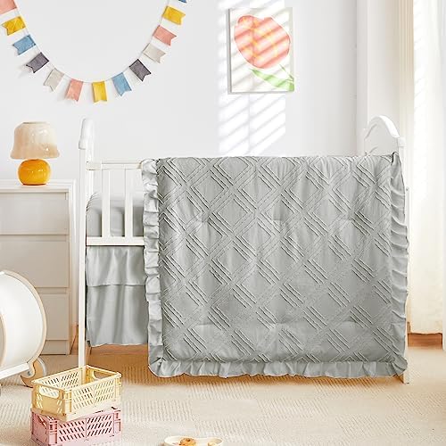 Tufted Ruffle Crib Bedding Set 3 Pieces Baby Girls Boys Boho Quilted Comforter - Image 4