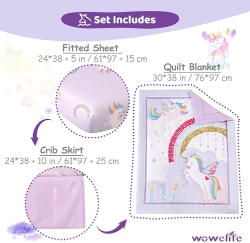 Mini Girl Crib Bedding Set, 3 Piece Unicorn Mini Crib Comforter Set, Baby Girl - Image 5