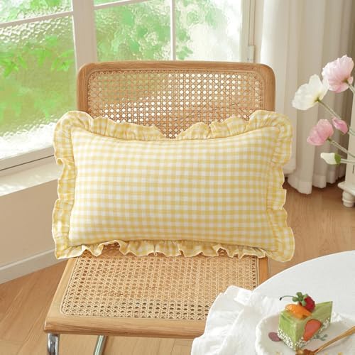 Set of 2 Yellow and White Ruffle Lumbar Pillow Covers 12x20 Inch, Gingham Plaid - Image 2