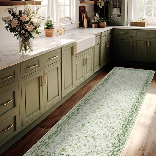 Light Green Kitchen Rug 3x8 Modern Vintage Boho Farmhouse Unique Floral Sage - Image 2