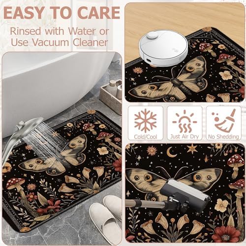Black Poppy Moth Bathroom Rugs, Mushroom Moon Bath Mats - Image 6