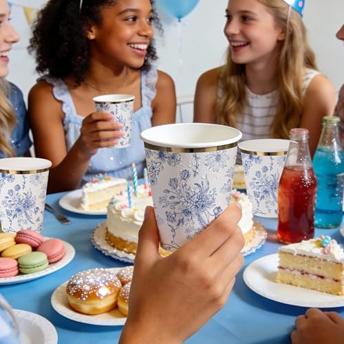 WRAPAHOLIC 50 Pcs Floral Paper Cups - 9 oz Blue Toile Flower Disposable Cup - Image 6