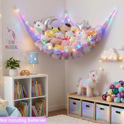 Stuffed Animals Hammock with LED Light Toy Net Room Decor Corner Storage - Image 5