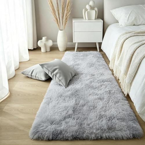 Tie-Dye Light Grey Shag Runner Rug, Washable Non Slip Fluffy Carpet by KICHOWUA