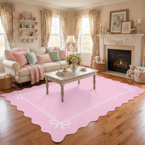 Garvee Scalloped Bow Rug Pink Washable Solid 4x6 Area Rugs - Image 5