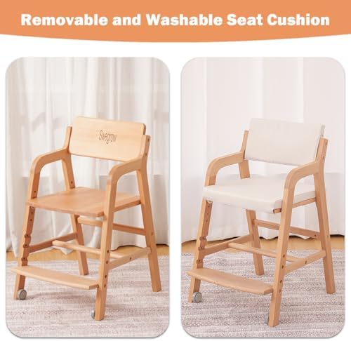 Swegrow Wooden High Chair with 2 Wheels, Adjustable Seat - Image 4