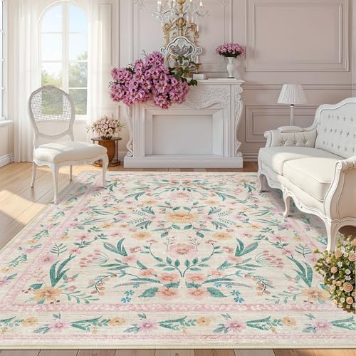 8x10 Pink Floral Area Rug, Large Washable Living Room Carpet by Dadasgk