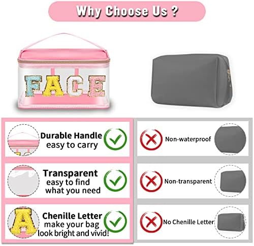Chenille Letter Clear Makeup Bags Face Pouch, Preppy Patch Makeup Bag Zipper - Image 4